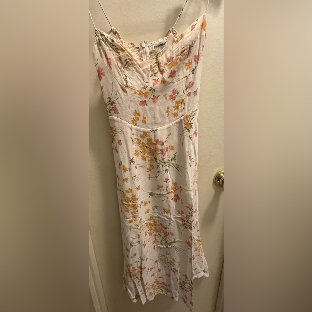 Reformation Cream Slip Maxi Dress with Pink and Mustard Floral Print